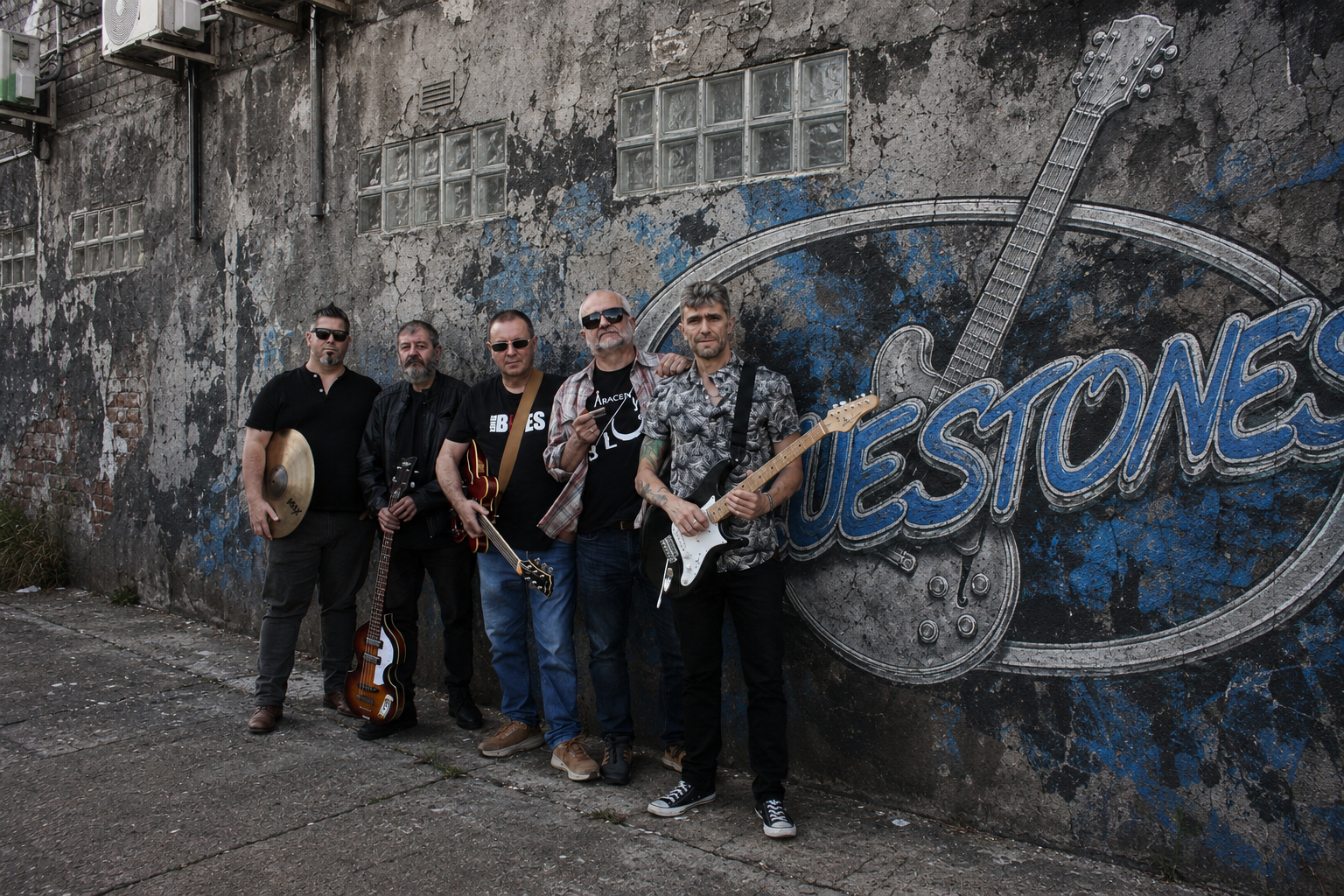 Los Bluestones junto a un mural urbano con el logotipo de la banda